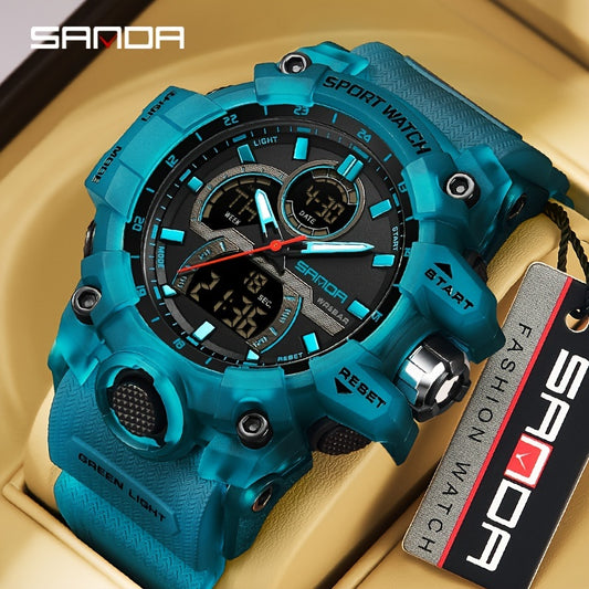 SANDA Sports Watch for Men - Water Resistant 50m, Digital & Analog Display, Rubber Strap, Electronic Movement, Resin Case - Multi-Functional, Dual Display, Suitable for Swimming & Outdoor Activities