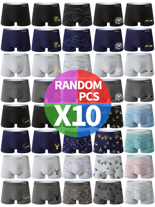 Random 10pcs Men's Antibacterial Underwear, Casual Boxer Briefs Shorts, Breathable Comfy Stretchy Boxer Trunks, Sports Shorts