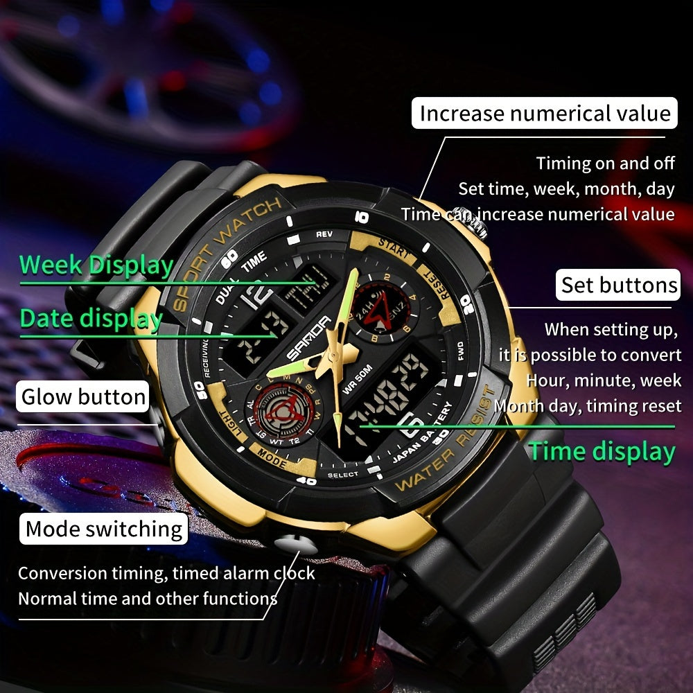 Fashion Mens Sports Dual Display Waterproof Quartz Watch, Outdoors Luminous Watch With Countdown, Alarm Clock, Stopwatch Functions