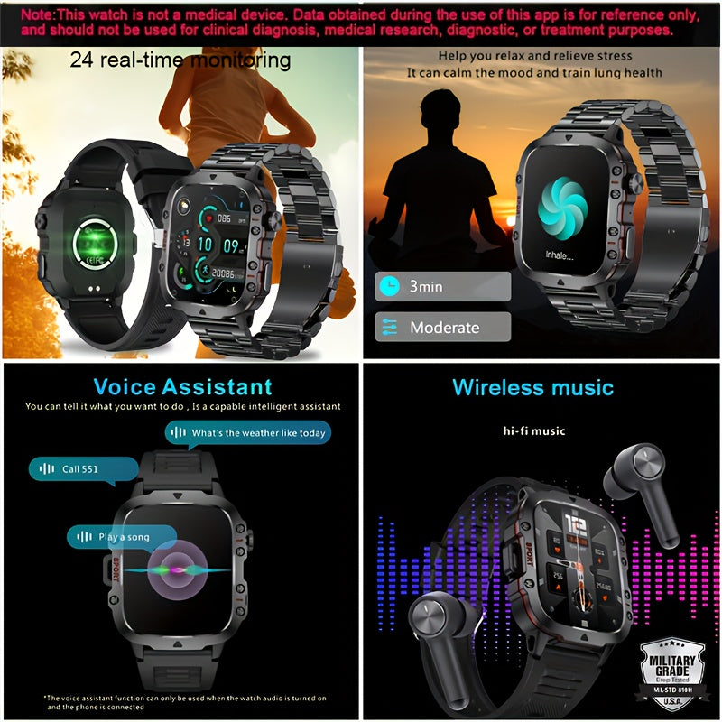 New Rugged Smart Watch Men Wireless Call IP68 Waterproof Sport Fitness AI Voice Outdoor  100+ Sports Modes Outdoor Smartwatch