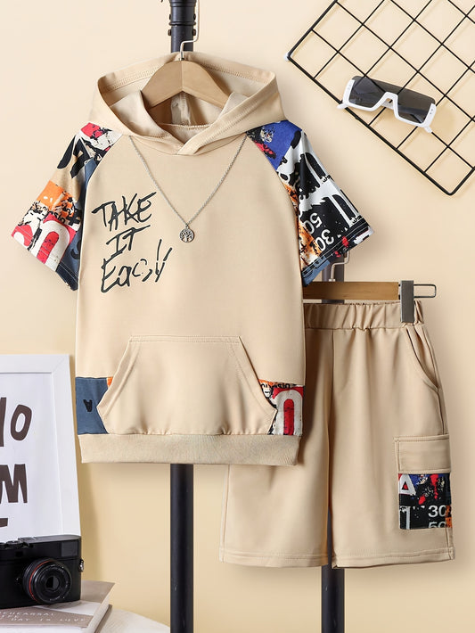 2pcs Boys Trendy Letter Stitching Short Sleeve Hooded T-shirt & Shorts Set, Comfy Summer Boys Clothes