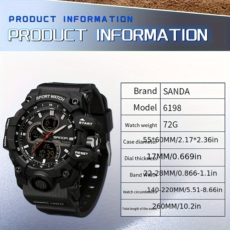 SANDA Sports Watch for Men - Water Resistant 50m, Digital & Analog Display, Rubber Strap, Electronic Movement, Resin Case - Multi-Functional, Dual Display, Suitable for Swimming & Outdoor Activities