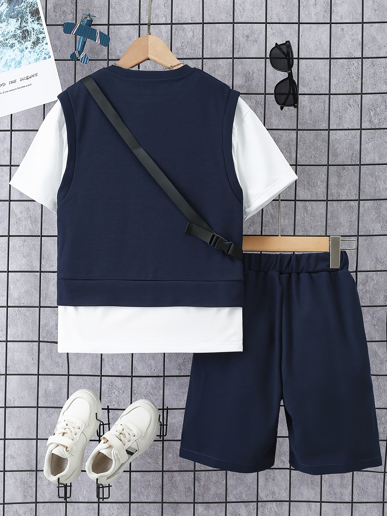 3pcs Boys Casual Fake Two-piece Short Sleeve T-shirt & Shorts & Crossbody Bag Set, Comfy Summer Boys Clothes