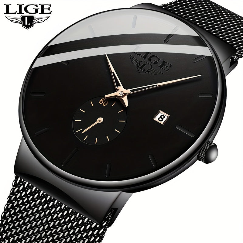 1pc LIGE Fashion Black Watch With Color Needle, Casual Slim Mesh Steel Waterproof Sports Watch