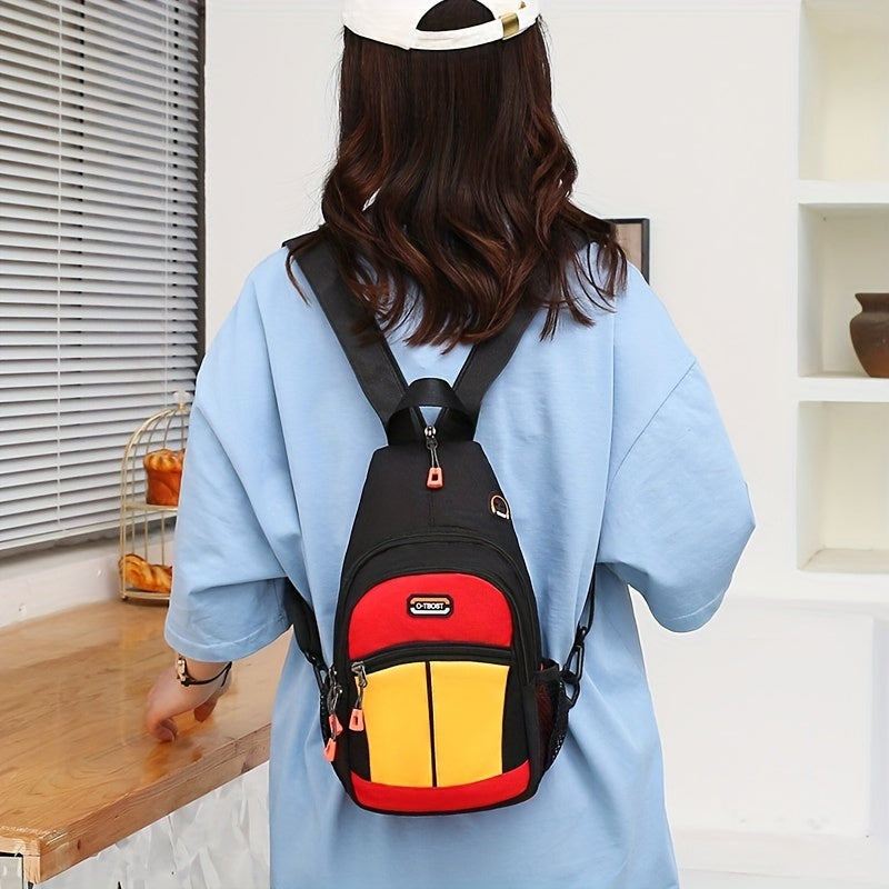 Colorblock Sling Backpack, Trendy Outdoor Travel Chest Bag, Zipper Strap Crossbody Bag