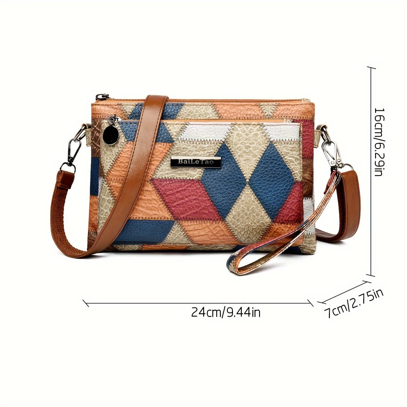 Rhombus Pattern Crossbody Bag, Bohemian Style Shoulder Bag