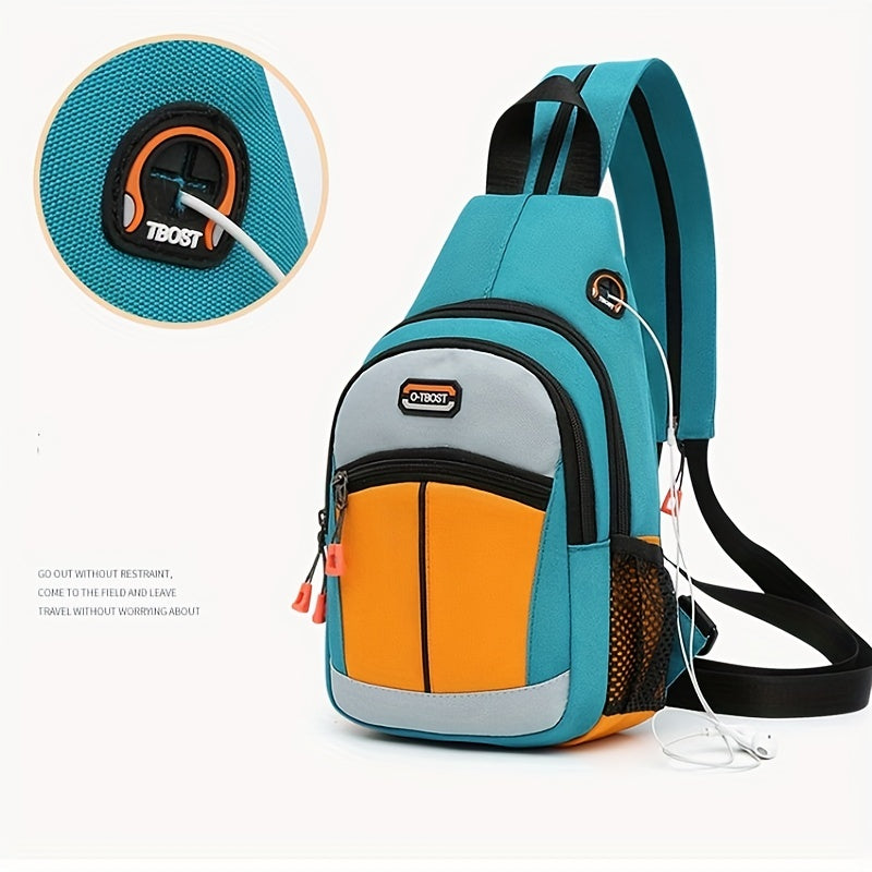 Colorblock Sling Backpack, Trendy Outdoor Travel Chest Bag, Zipper Strap Crossbody Bag