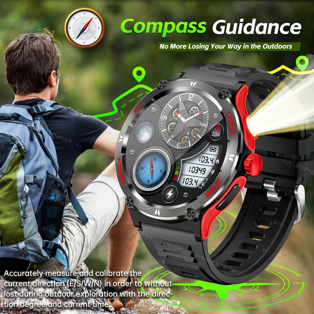 1pc Smart Watch With HD Touch Screen, Outdoor Strong Light Flashlight, And Compass, Outdoor Wireless Calling Sports Bracelet, 500mAh Battery, Rugged Fitness Tracker