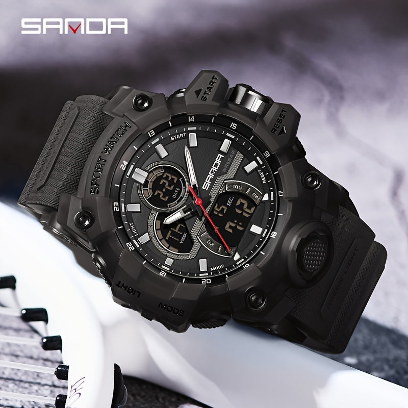 SANDA Sports Watch for Men - Water Resistant 50m, Digital & Analog Display, Rubber Strap, Electronic Movement, Resin Case - Multi-Functional, Dual Display, Suitable for Swimming & Outdoor Activities