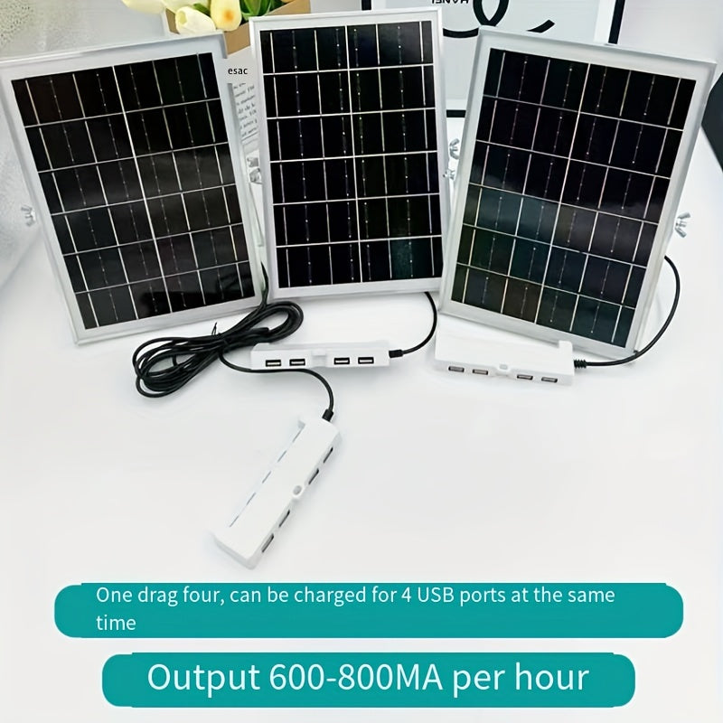 Portable Solar Panel Charger Kit with 4 USB Ports - High-Efficiency Universal USB Charging Panel, 600-800mAh Output per Hour, 5m Cable Included, Compatible with Multiple USB Devices