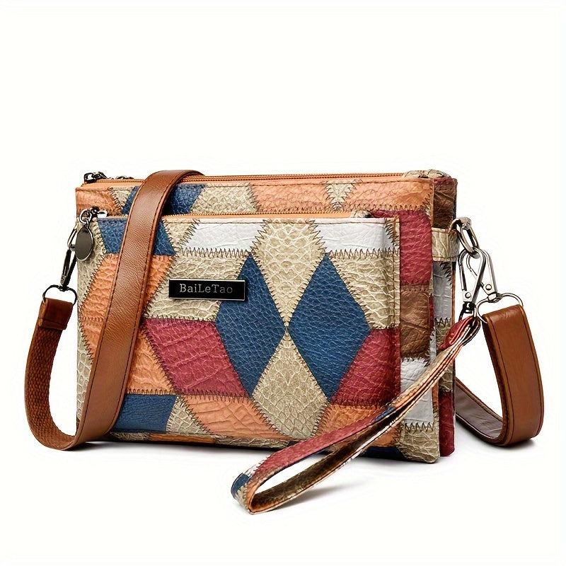 Rhombus Pattern Crossbody Bag, Bohemian Style Shoulder Bag