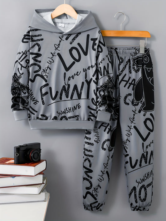 Boys Two-Piece Sportswear Set, Letter Graffiti Print, Hoodie And Casual Pants, Boys Spring/Autumn Outfit