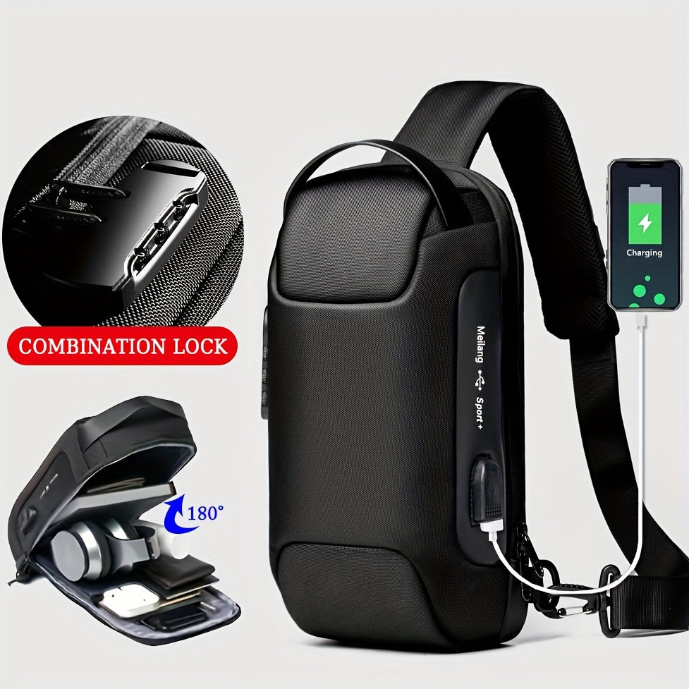 1pc Men's Waterproof Chest Bag With USB Charging Hole And Lock, Simple Trendy Crossbody Bag, Ideal Gift