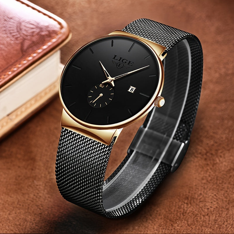 1pc LIGE Fashion Black Watch With Color Needle, Casual Slim Mesh Steel Waterproof Sports Watch