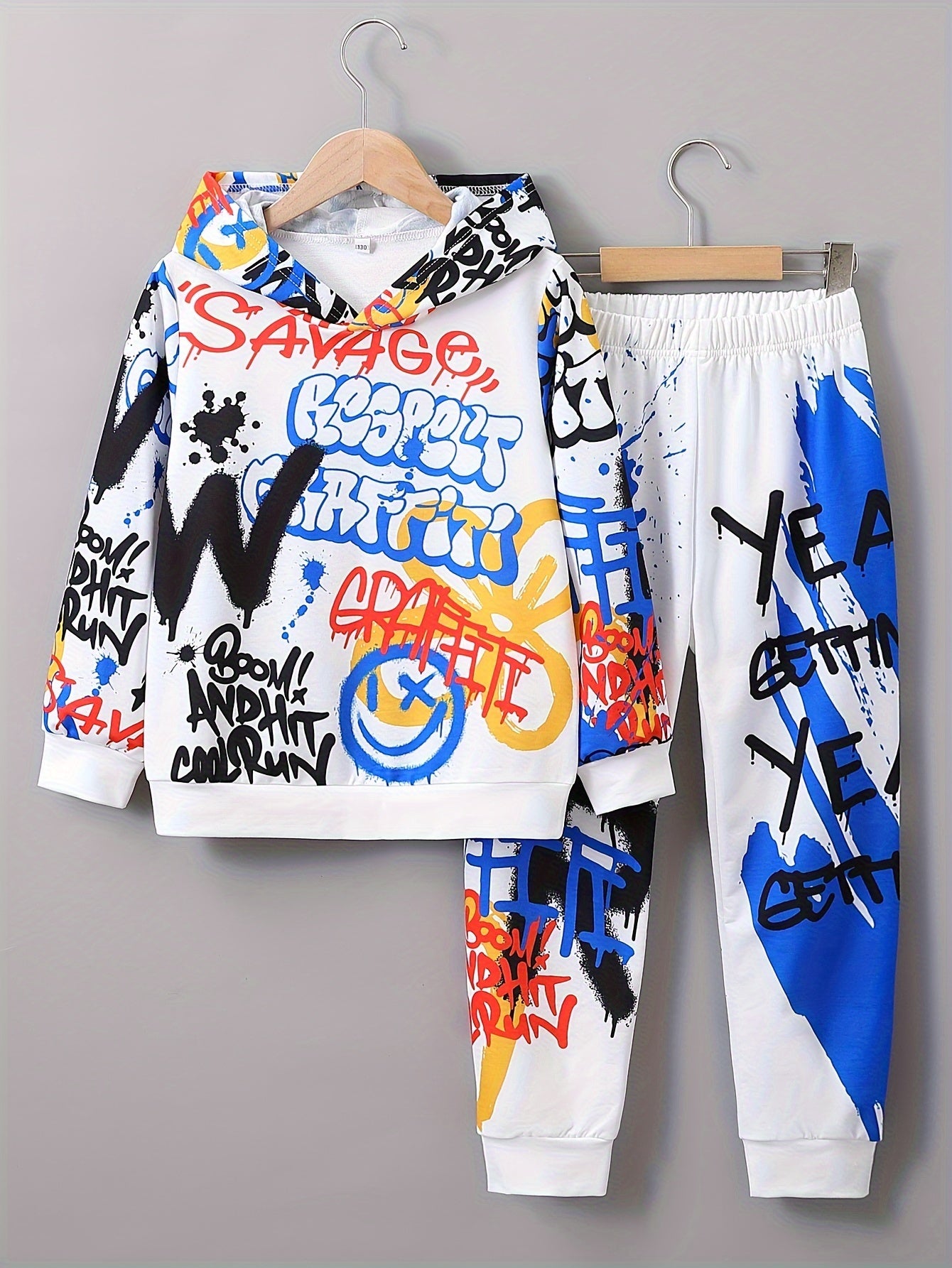 Cool Letter Graffiti Print 2pcs Boys Casual Sweatsuit, Long Sleeve Hoodie & Sweatpants Set Boys Streetwear Sports Set