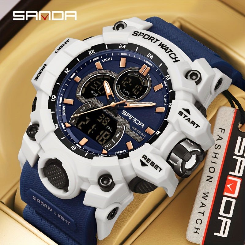 SANDA Sports Watch for Men - Water Resistant 50m, Digital & Analog Display, Rubber Strap, Electronic Movement, Resin Case - Multi-Functional, Dual Display, Suitable for Swimming & Outdoor Activities