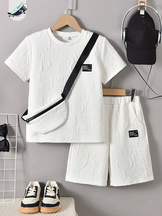 Drenge alfabet Jacquard 2 stk Trendy outfit, T-shirt &amp; taske &amp; shorts sæt, drengetøj til sommer