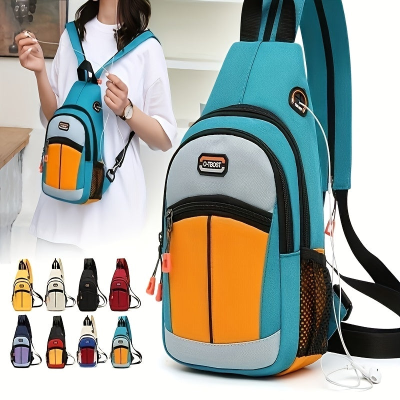 Colorblock Sling Backpack, Trendy Outdoor Travel Chest Bag, Zipper Strap Crossbody Bag