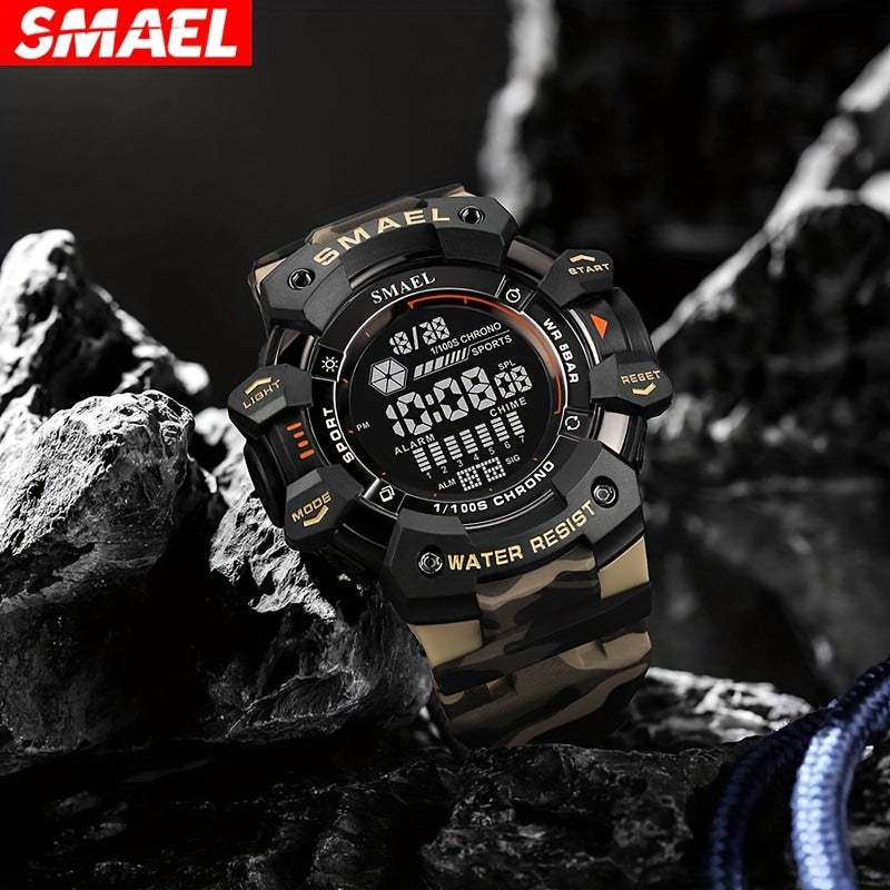 SMAEL Sports Digital Wristwatch For Outdoor Mountaineering, LED Night Light Multifunctional Alarm Calendar Waterproof Watch With Large Dial Camo Strap