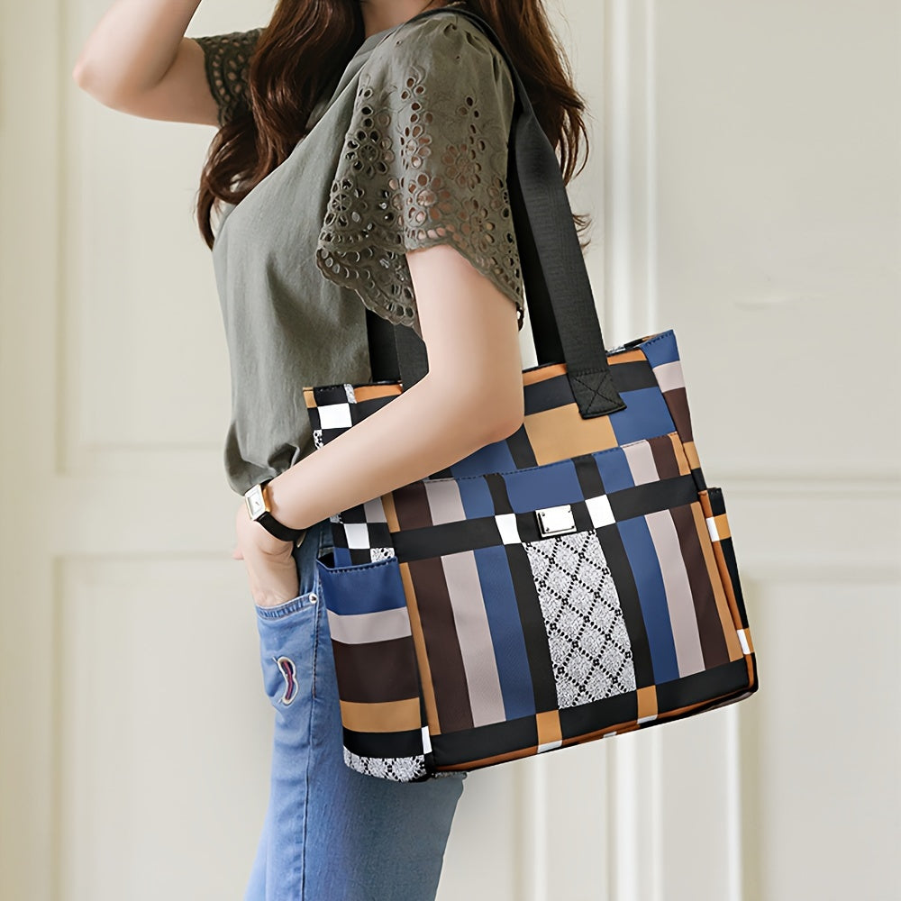 Large Capacity Geometric Tote Bag, Lightweight Casual Shoulder Bag For Daily Use