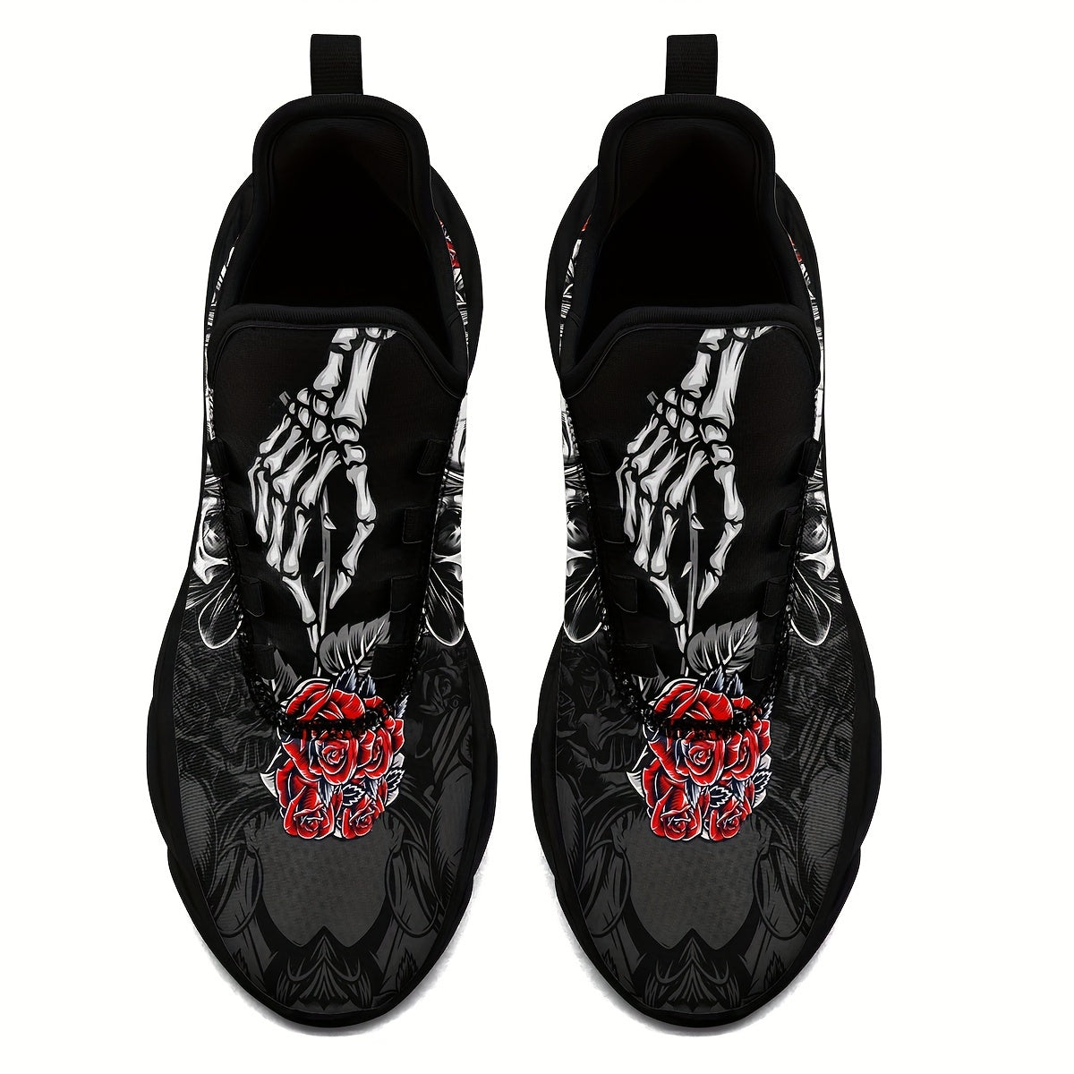 Plus Size Men's Cyber Punk Style Skull Pattern Woven Breathable Sneakers, Comfy Non Slip Durable Lace Up EVA Sole Running Shoes