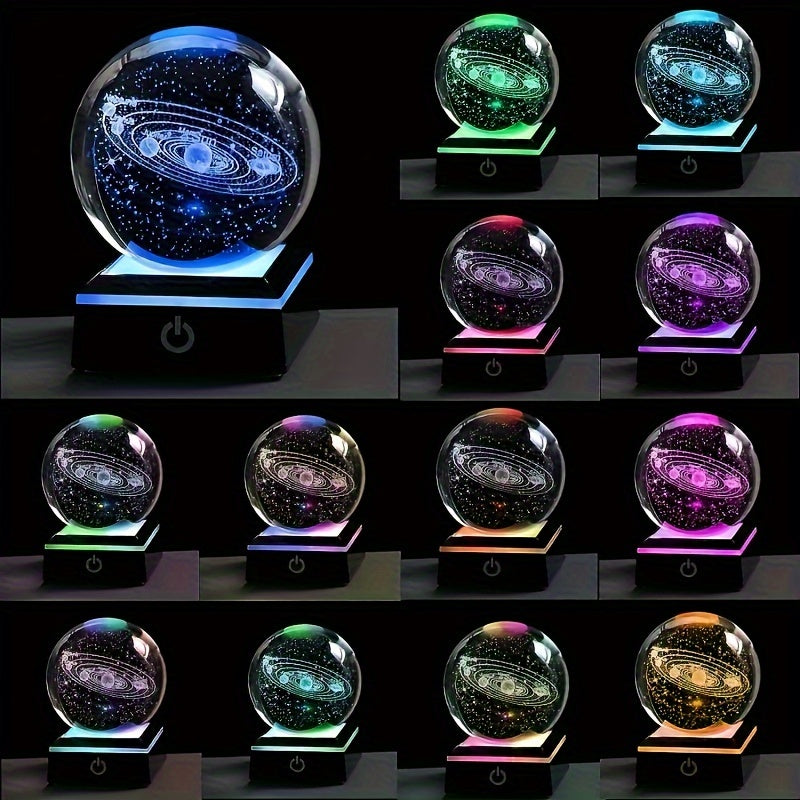 1pc, Small 3D Solar System Crystal Ball With Color Changing Base