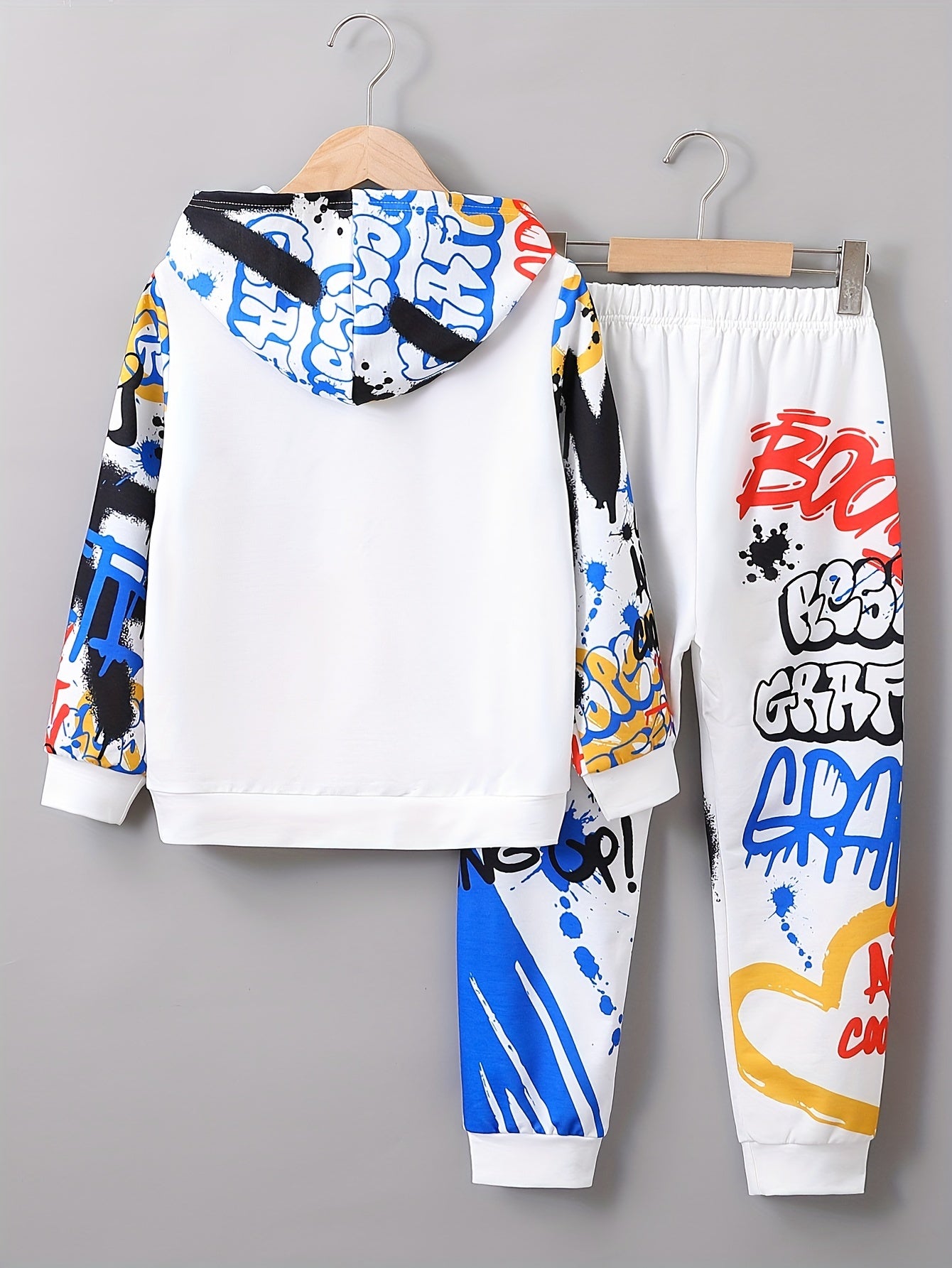 Cool Letter Graffiti Print 2pcs Boys Casual Sweatsuit, Long Sleeve Hoodie & Sweatpants Set Boys Streetwear Sports Set