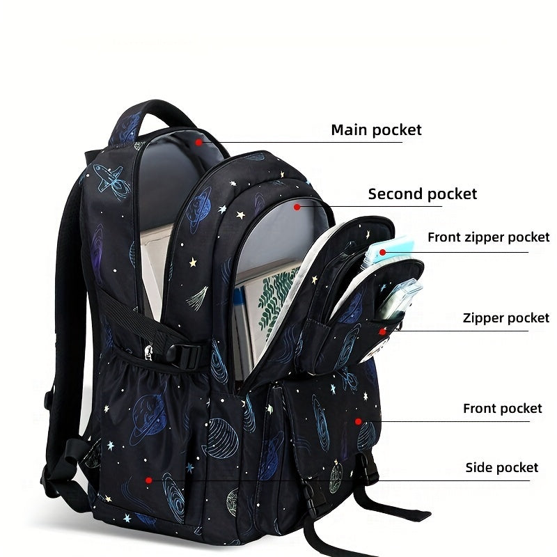 Galaxy Explorer Durable Large Capacity Kids School Backpack, Waterproof With Fun Astronaut & Starry Sky Print, With Adjustable Straps