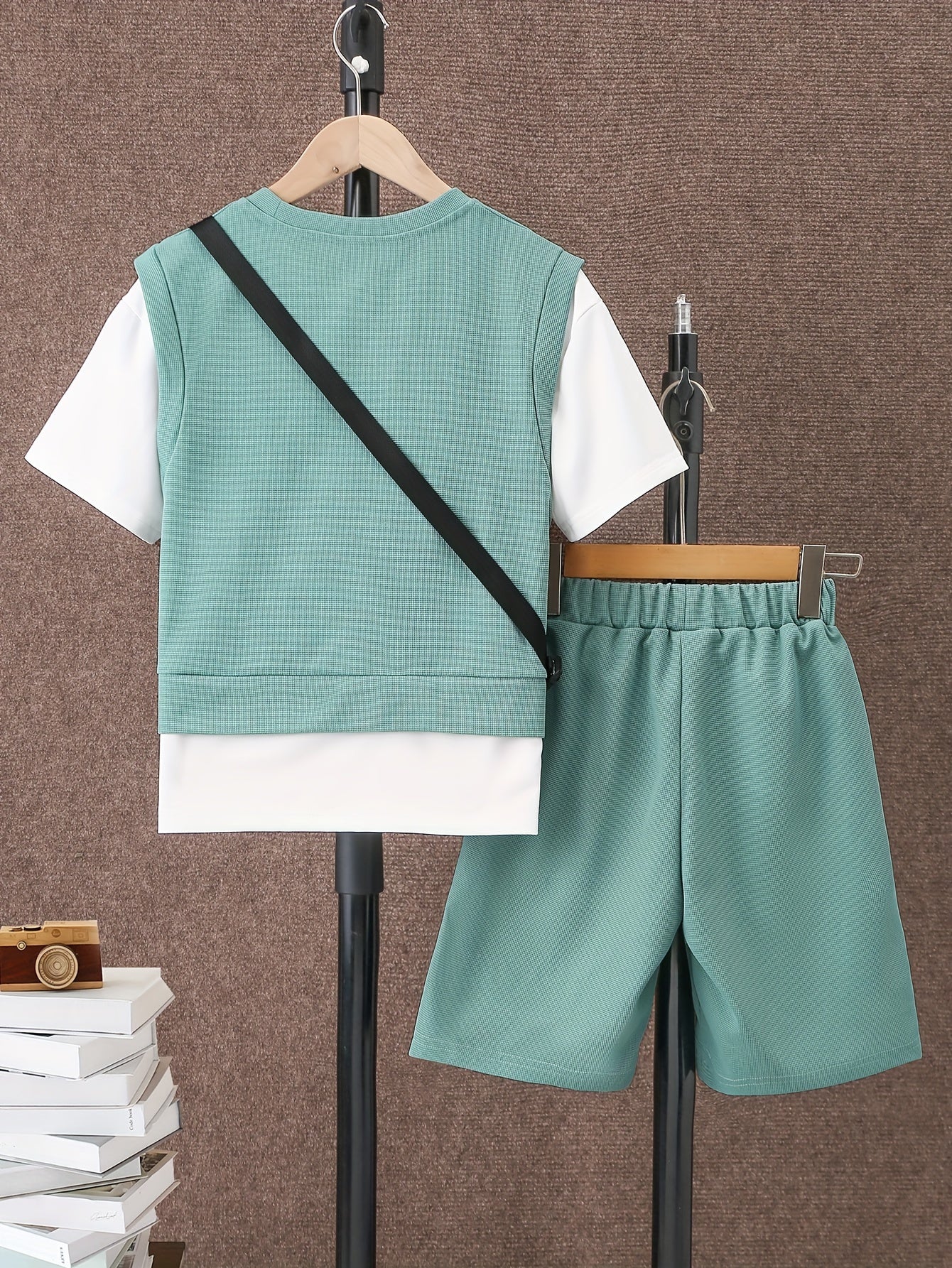 3pcs Boys Casual Fake Two-piece Short Sleeve T-shirt & Shorts & Crossbody Bag Set, Comfy Summer Boys Clothes