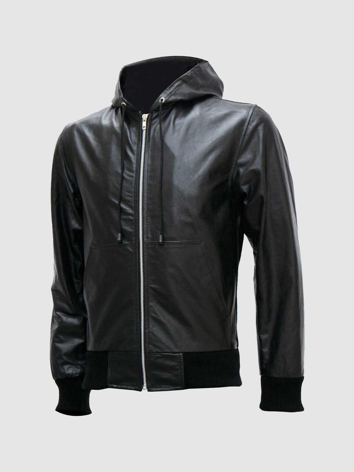 Black Leather Jacket With Hoodie-0