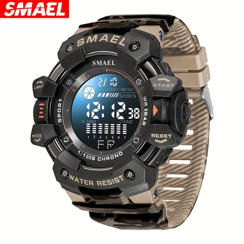 SMAEL Sports Digital Wristwatch For Outdoor Mountaineering, LED Night Light Multifunctional Alarm Calendar Waterproof Watch With Large Dial Camo Strap