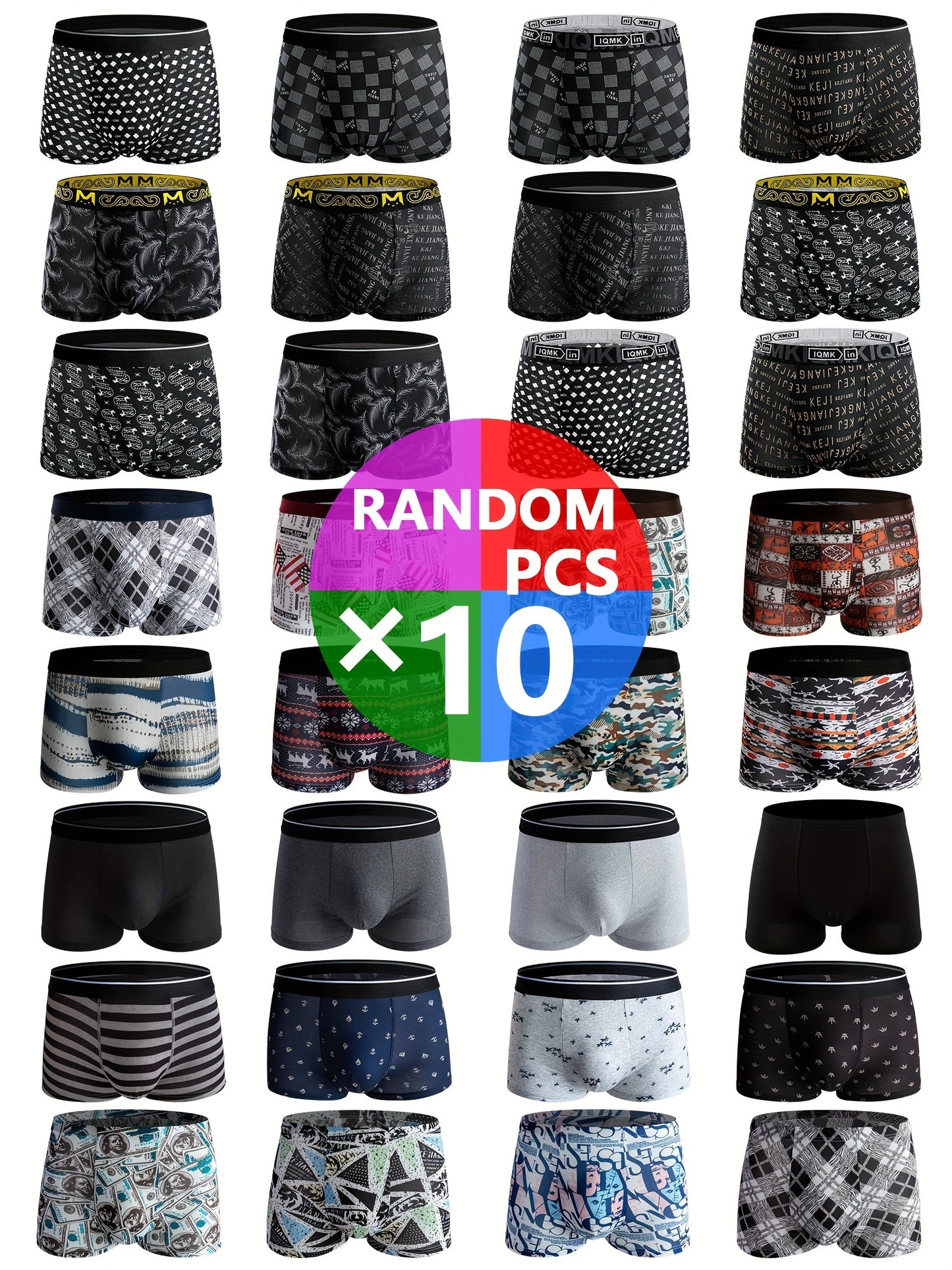 Random 10 Pcs Men's Elastic Flat Angle Boxers, Trendy Print Briefs, Soft & Comfortable & Breathable Underwear For Daily Wear