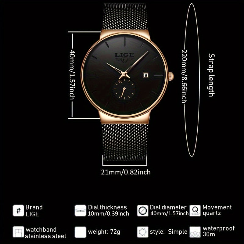 1pc LIGE Fashion Black Watch With Color Needle, Casual Slim Mesh Steel Waterproof Sports Watch