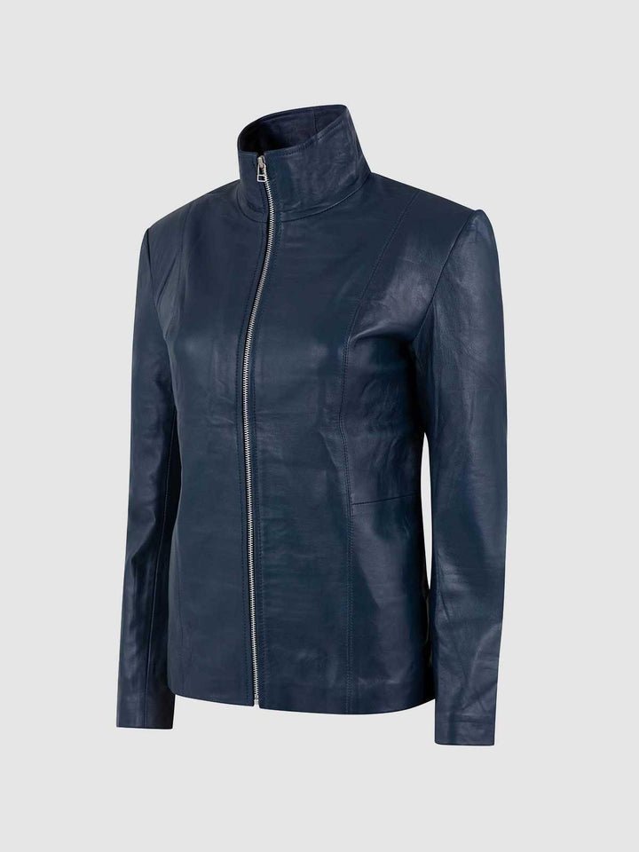 Women Blue High Collar Leather Jacket - Size - XS-1