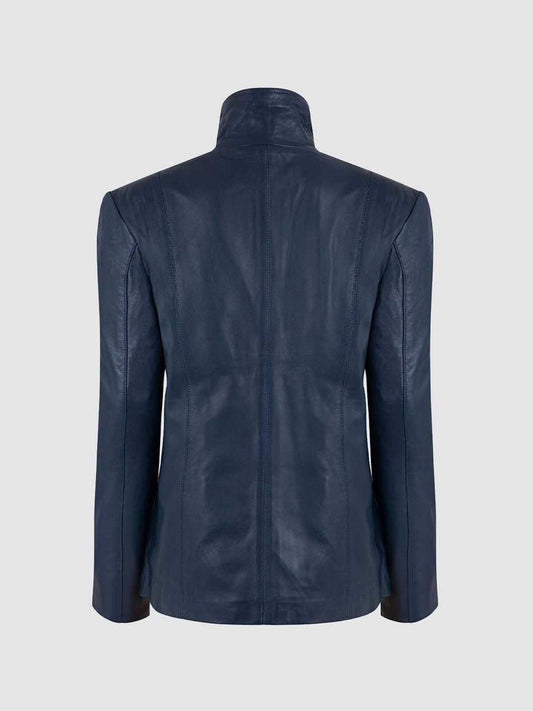 Women Blue High Collar Leather Jacket - Size - XS-0