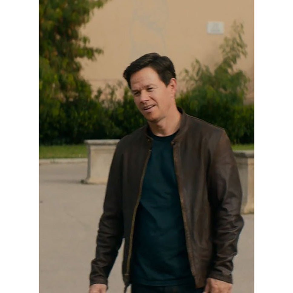 Mark Wahlberg Genuine Leather Biker Jacket Brown-2