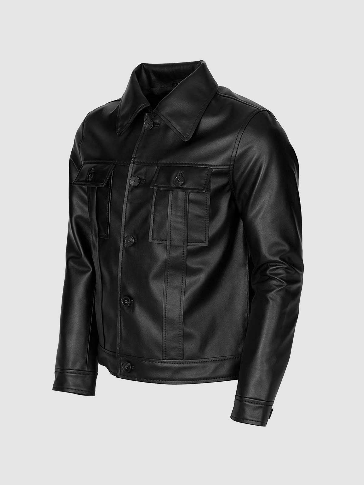 Men Black Leather Jacket with Folded Collar-0