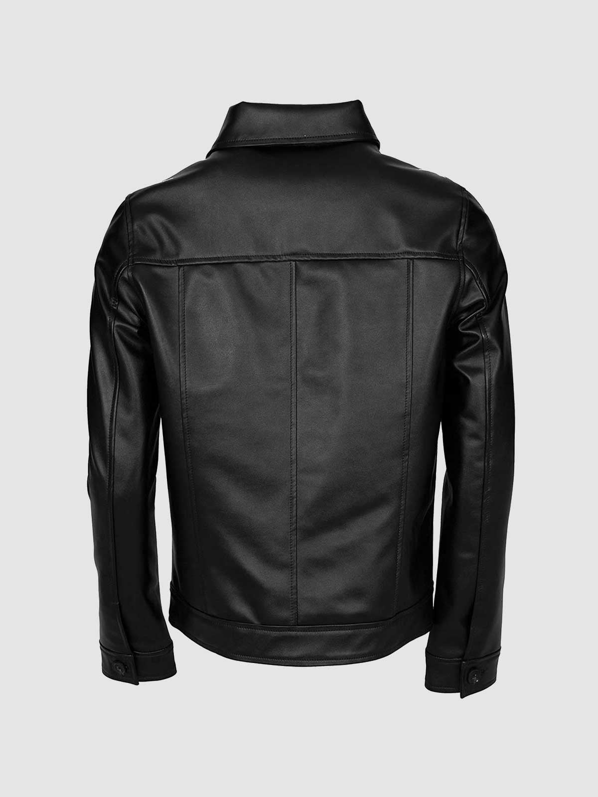 Men Black Leather Jacket with Folded Collar-1