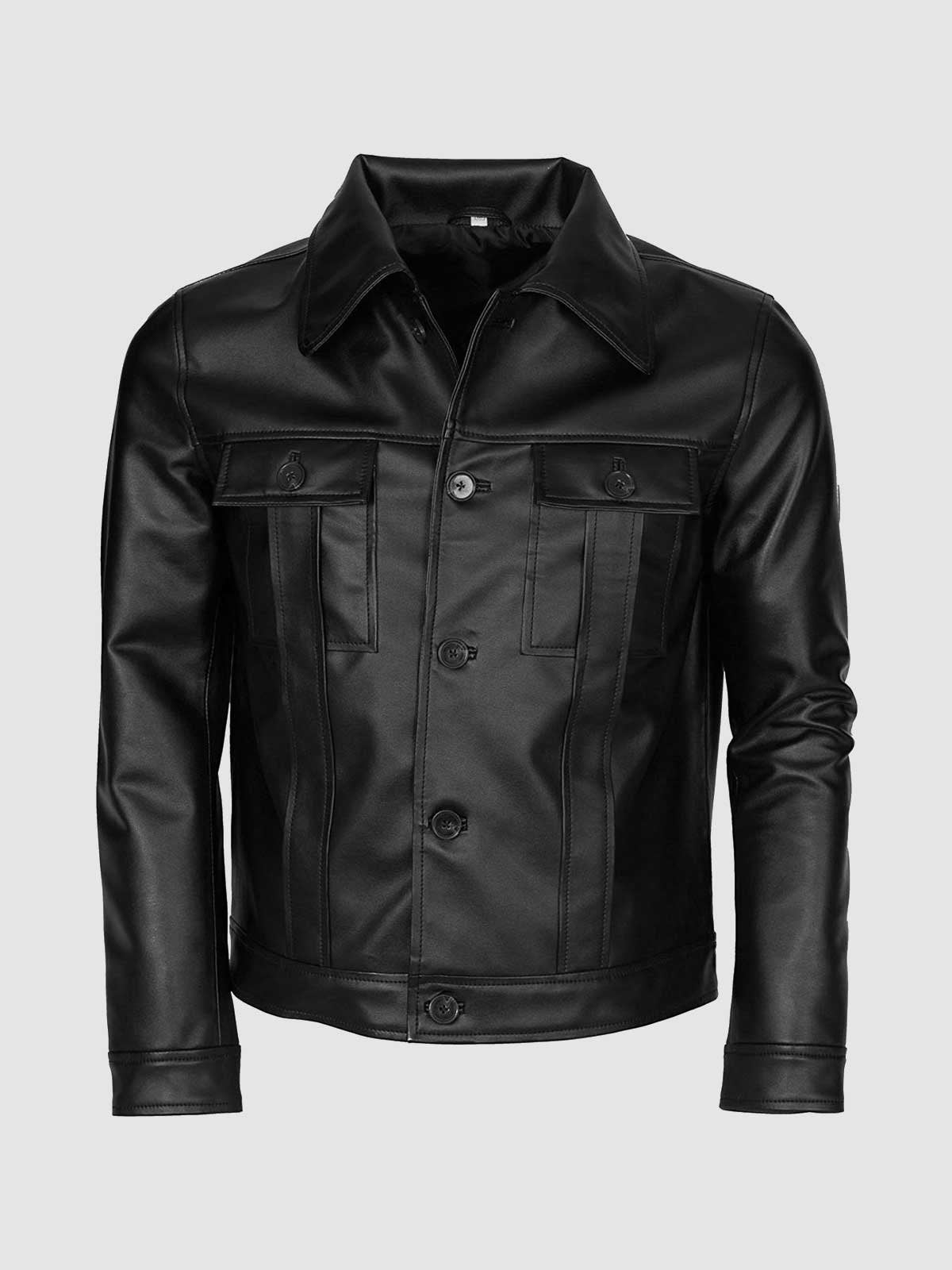 Men Black Leather Jacket with Folded Collar-2